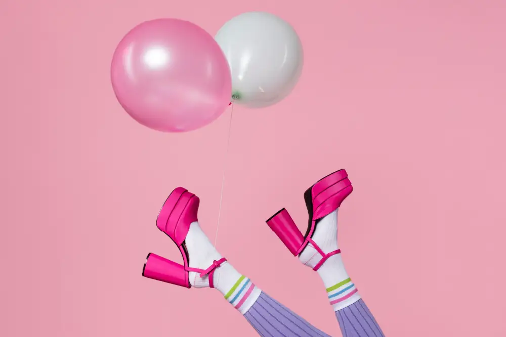 pink background with a pair of legs upside down in the foreground wearing dark pink high heels with a pink and a white balloon above them