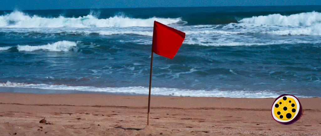 a red flag on a beach with a bright blue sea behind it