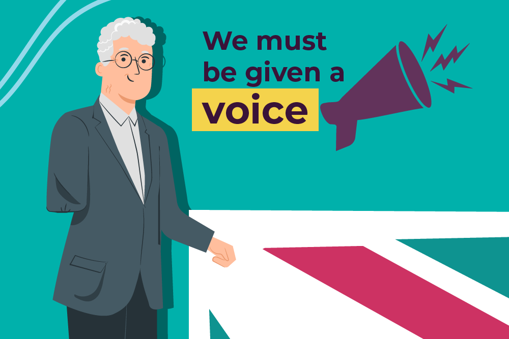 A graphic of a man with grey here no right arm and a heading that states we must be given a voice