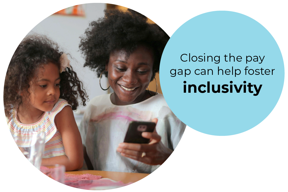 A mother sitting at a table with her child and the mother is looking at her phone and smiling there is a heading to the right that says closing the pay gap can help foster inclusivity.