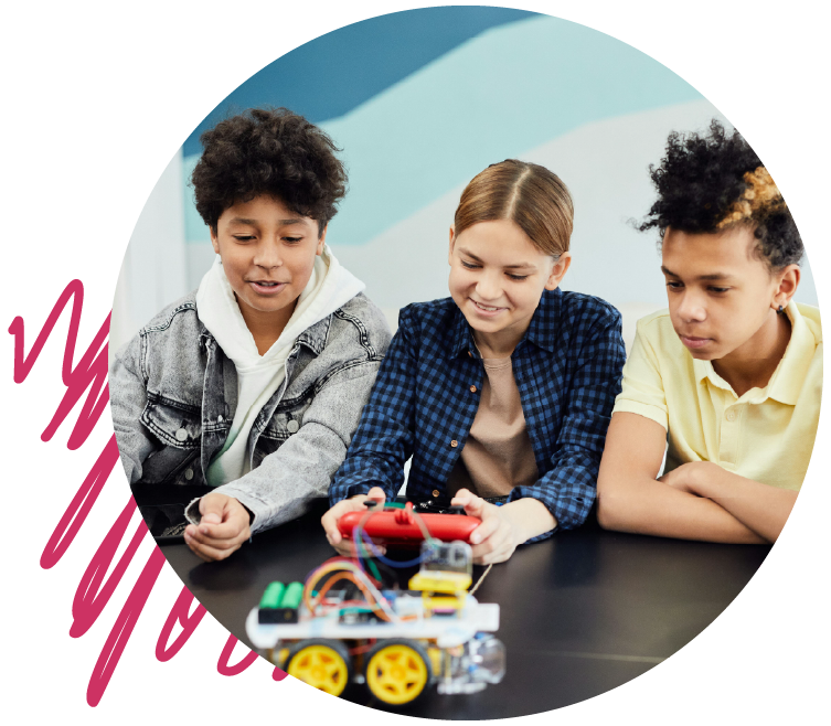 a diverse group of teenagers working on a robotics project together