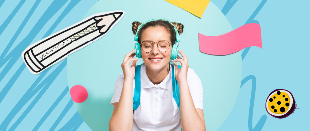 A teenager wearing a short-sleeved white shirt, large bright blue headphones, and a blue backpack is listening to music. They are also wearing glasses. In the background, there is a blue backdrop featuring a large vector pencil and sticky notes