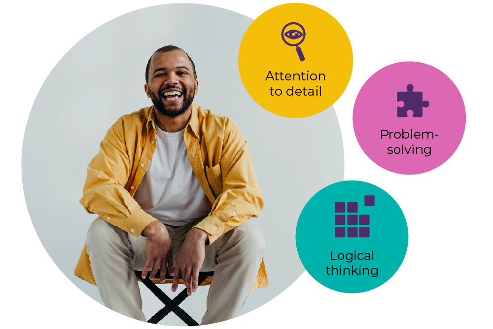 A man smiling and sitting confidently, with icons indicating skills like attention to detail, problem-solving, and logical thinking.