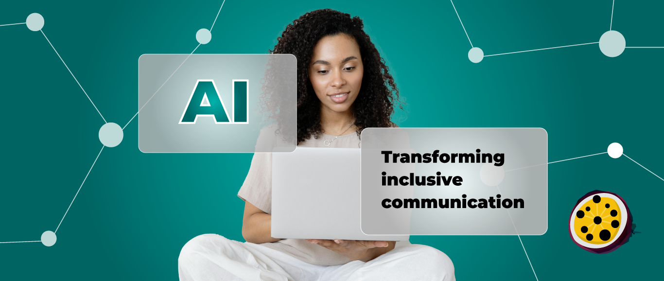 Graphic with a teal background showing a woman in white clothing with curly hair alongside text boxes reading 'AI' and 'Transforming Inclusive Communication'. Abstract connected dots create a network pattern.