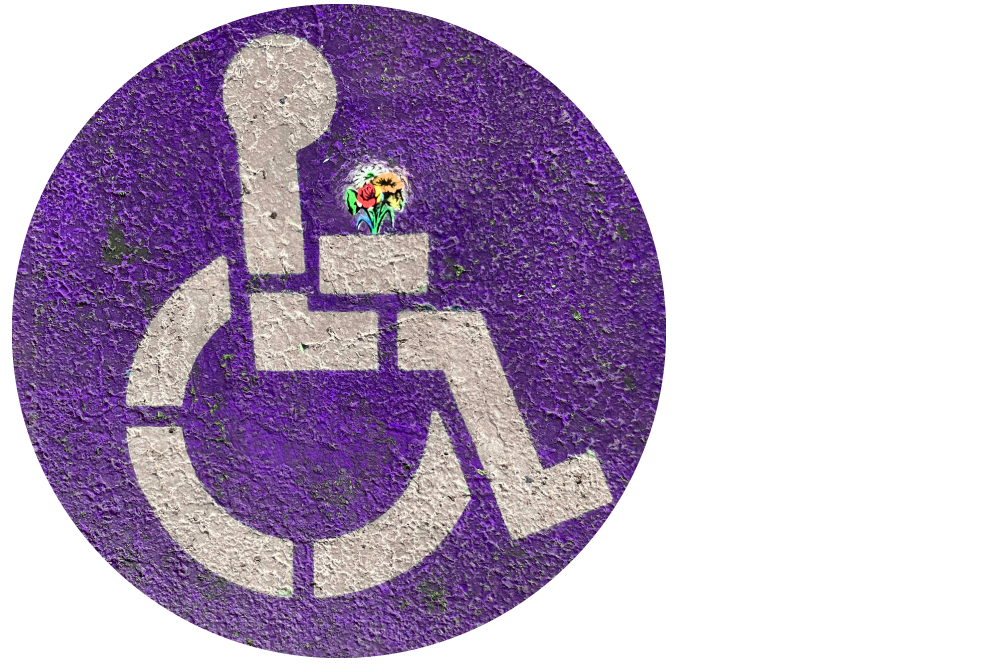 A stylized wheelchair accessibility symbol on a purple background. The traditional wheelchair icon is shown in white/grey with a small colourful flower design added to the figure's lap area.