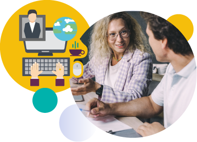 Two people collaborating at a computer with an online meeting illustration