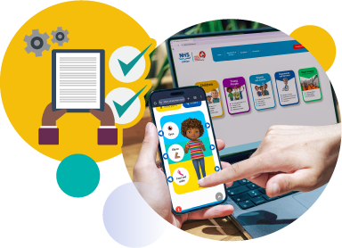 Mobile app and website interface showing interactive digital tools
