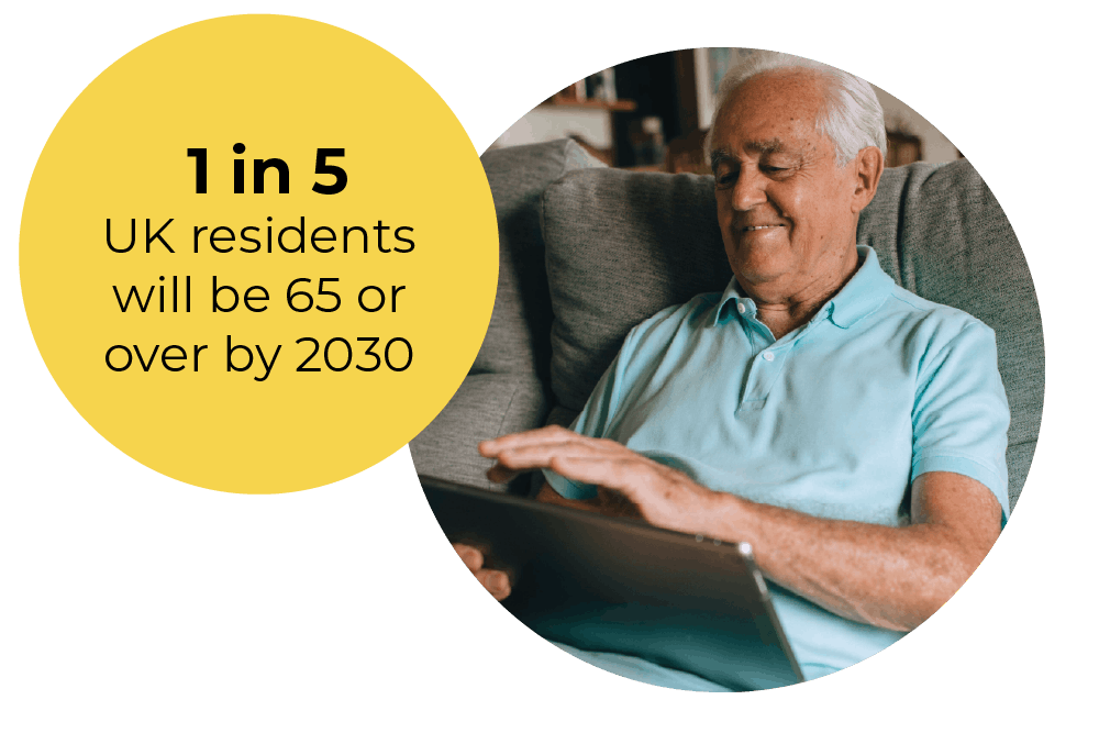 a person sitting on a grey sofa using a silver laptop computer. They are smiling, have short, grey hair and are wearing a pale blue polo shirt. Text reads: 1 in 5 UK residents will be 65 or over by 2030