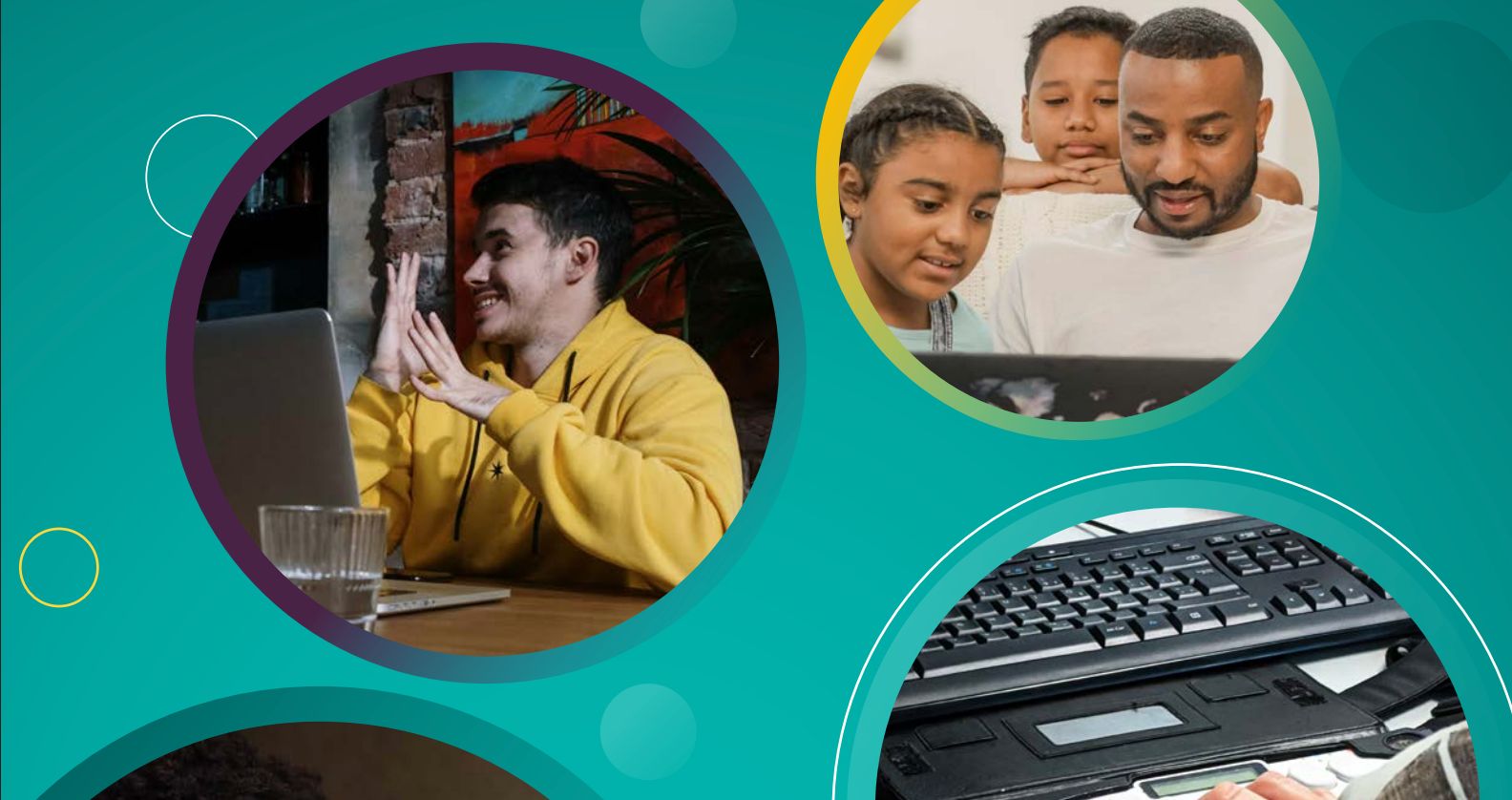 People using laptops, including a man gesturing with his hands and a parent with children.