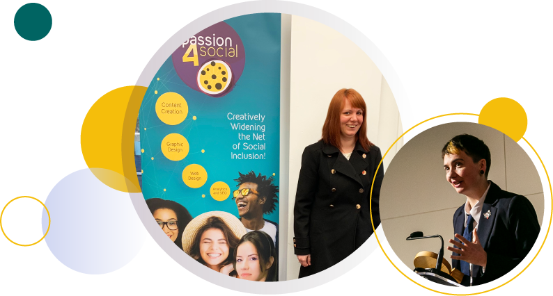 Speaker presenting at an event and another person beside a social inclusion banner