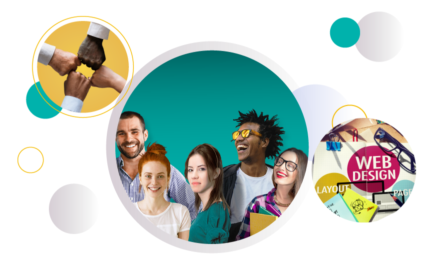 Diverse group of people with icons representing teamwork and web design
