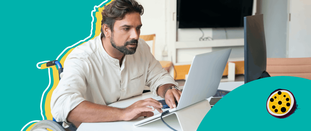 A person using a wheelchair while working on an open laptop computer against a teal background. Passion4Social (logo).