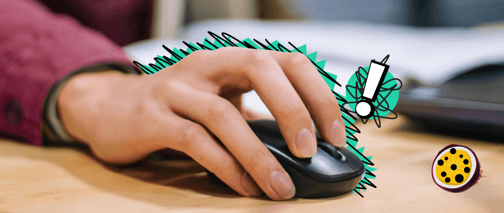 A hand using a computer mouse and a white exclamation mark are outlined with green and black jagged shapes. Passion4Social (logo).