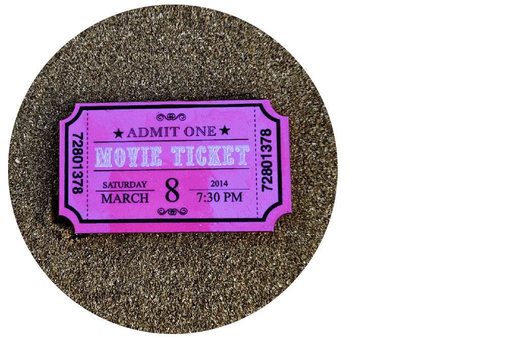 A purple, old-fashioned paper ticket reads: ‘Movie ticket, admit one.’