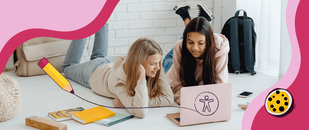 Two smiling young people, lying on the floor in front of an open laptop computer, surrounded by books and school bags. An illustrative pencil graphic draws a line across the image from an accessibility icon drawn on the laptop lid. Passion4Social (logo).