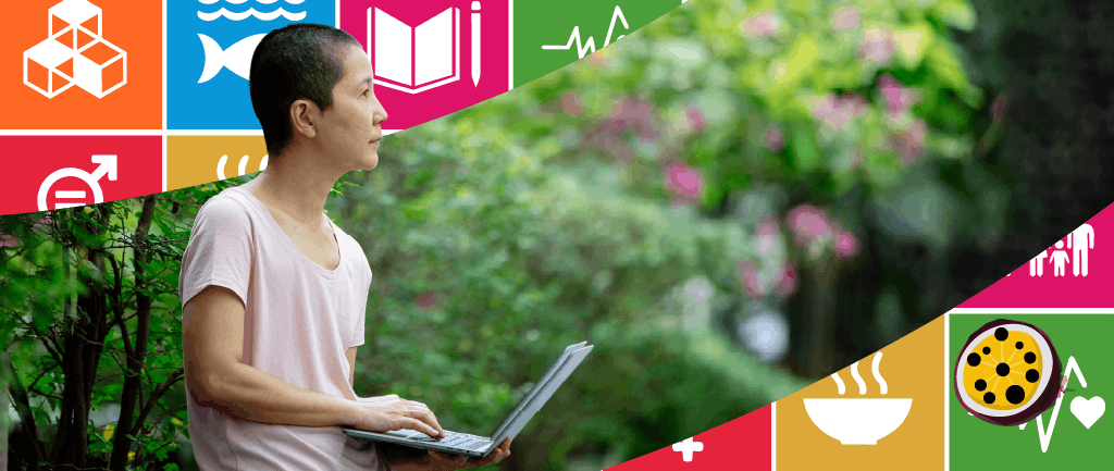 A person sitting outdoors surrounded by green foliage, holding and typing on a laptop, bordered by colourful blocks displaying various United Nations Sustainable Development Goal icons