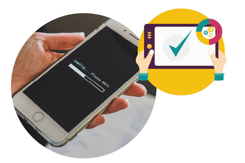 A hand holding a mobile phone stuck on a load screen alongside an illustrative graphic with hands holding a tablet displaying a green checkmark.