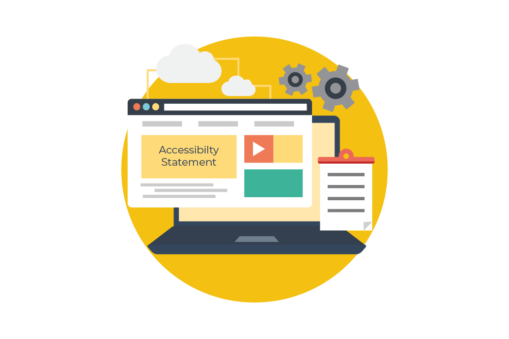 An illustrative graphic against a yellow circular background featuring a laptop and a computer window displaying a website labelled ‘Accessibility Statement’