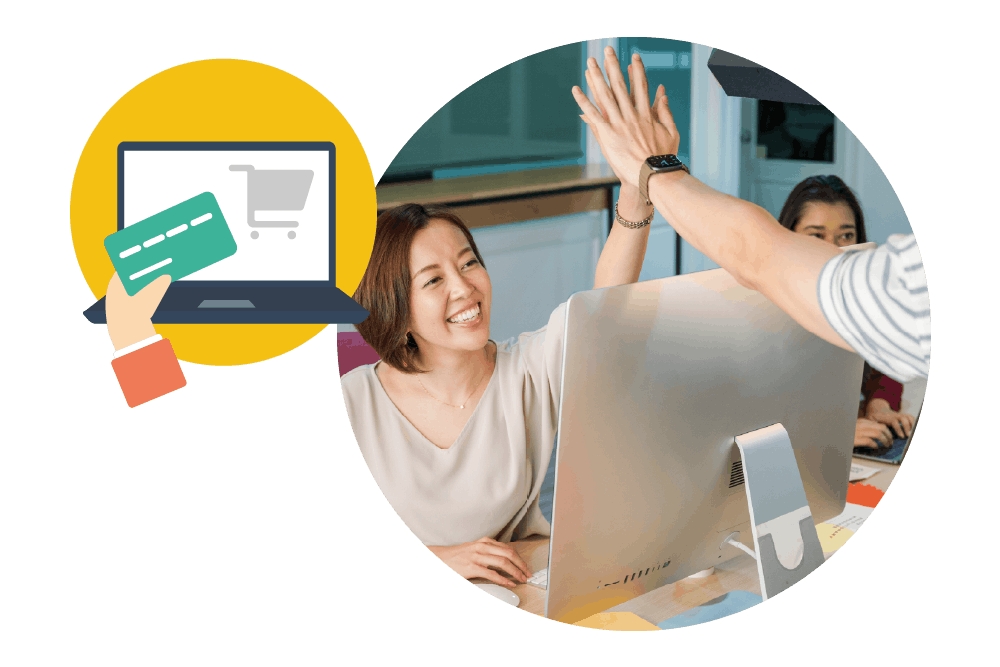 An illustrative graphic showing a hand holding a credit card next to a laptop with a shopping cart icon, alongside a photograph of smiling colleagues giving a high five over a desktop computer.